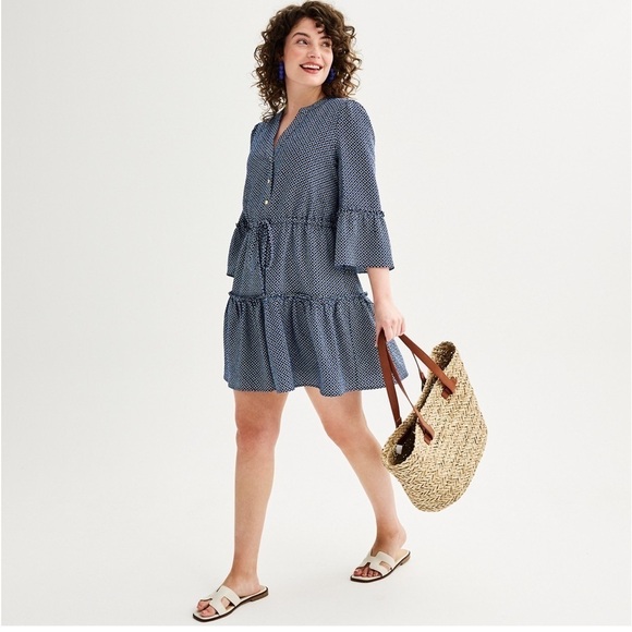 Draper James Dresses & Skirts - NWT Draper James Blue White Tiered Midi Dress Button Tie Waist Front Size Large